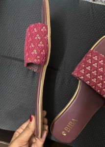 Biba (New) Maroon Embellished Open Toe Flats