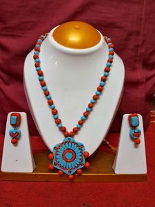 Handmade Blue And Orange Terracotta Jewellery Set