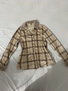 Fuzzy Trim Plaid Button-Up