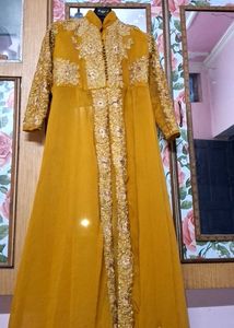 Elegant Gold Embellished Sheer Overlay Dress