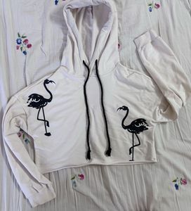 Cropped Flamingo Print White Hoodie