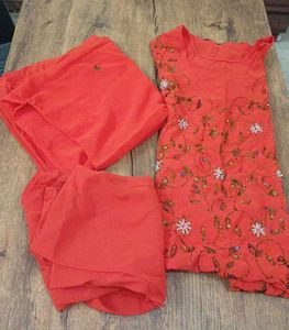 Orange Red Embroidered Kurta Set