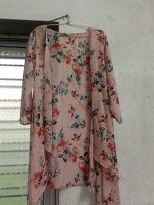 Women Peach Pink Floral Shrug