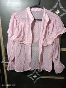 Pink sheer ruffle lace detail top 🩷