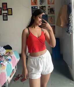 Red Crop Top & White Shorts Set