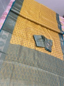Elegant Yellow Saree with Blue Brocade Border- New