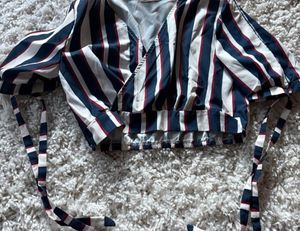 Striped Wrap Top with Tie Sleeves
