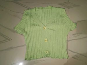 Green Ribbed Button-Up Top