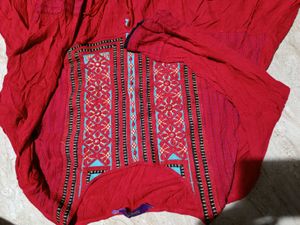 Red Embroidered Button-Down Tunic