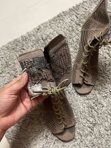 Lace Up Beige Block Heels