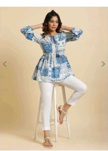 Blue &amp; White Tie Neck Top