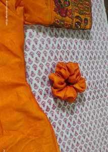 mustard and orange mix short kurti with scrunchie