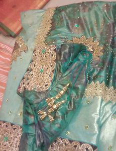 Teal & Gold Embellished Saree