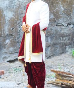 Mens White Sherwani With Red Velvet Dhoti