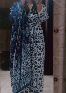 Elegant Blue Floral Kurta Set With Pants &amp; Dupat
