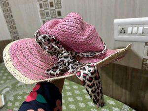 Pink Flowy Hat with Attached Scarf