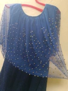 Navy Lace Dress with Beaded Sleeves