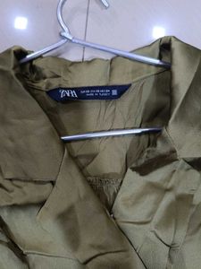 Zara Olive Pleated Sat in Jumpsuit