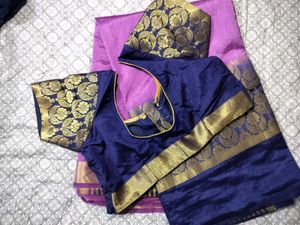 Purple Silk Saree with Navy &amp; Gold Border