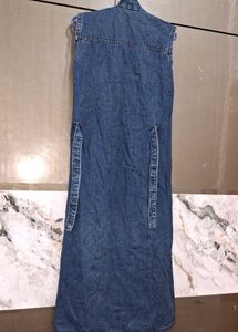 Denim Dress With Brown And  White Striped Hodie