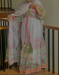 White Printed Anarkali Dress With Dupatta And Pant