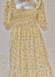 Mini Floral Print Yellow Midi Size Dress