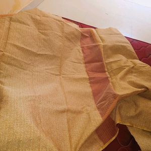 New Orange Golden Saree With Blouse Piece