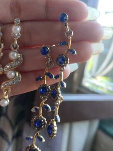 Elegant Pearl &amp; Blue Floral Drop Earrings