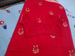 Red Worked Saree With Stitched Blouse