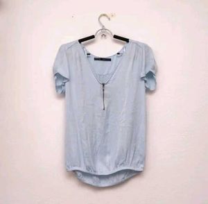 Zara sky blue blouse top front open zip
