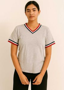 Striped Trim Tee V Neck