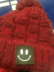 Red Knit Beanie with Smiley Face