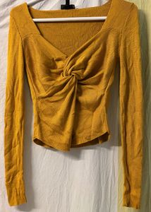 Mustard Knot-Front Long Sleeve Top