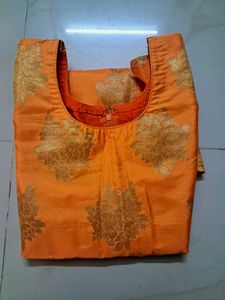 Elegant Orange Brocade Silk Kurti with Golden Flor