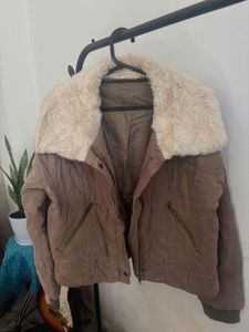olive fur 21 inch length crop jacket