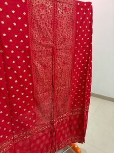 Red Full-Length Gown with Golden Print
