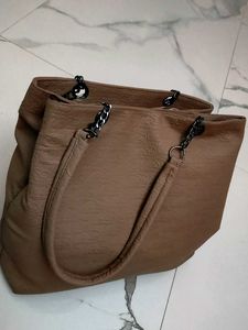 Brown Chain-Accent Tote Bag