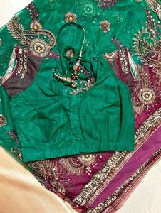 Green-Mehroon Designer Net PartyWear Sare