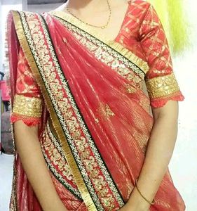 Stunning Red &amp; Gold Silk Blend Saree