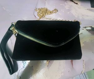 Black Velvet Clutch with Golden Chain