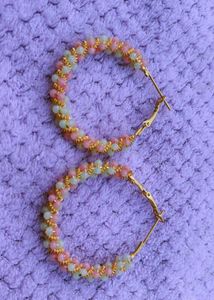 Pink &amp; Green Beaded Hoop Earrings