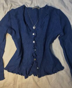 Blue Ruffle Trim Cardigan