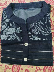 Softy Black&amp;White Swirl Top,Navy Blue Kurti Combo