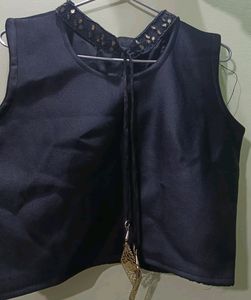 Women Black Saree Blouse With Embosed Satin Flower