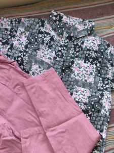 floral shirt and peach pant