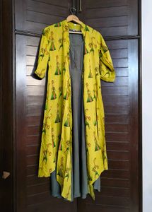 Women Olive Green Kurta With Yellow Printed Shrug