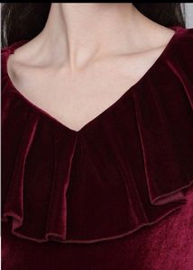 BURGUNDY VELVET RUFFLES JUMPSUIT