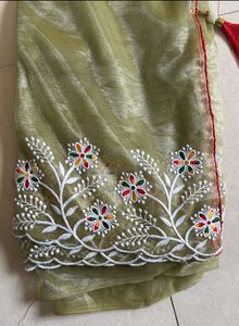 Elegant Olive Green Twill net embroidery  work Sar