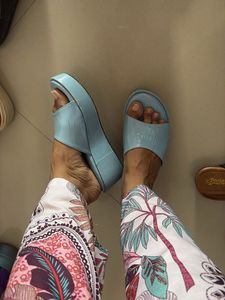 Light Blue Patent Leather Slides