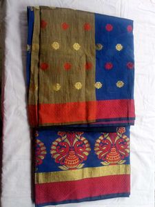 Blue Saree With Red Embroidery Detailing